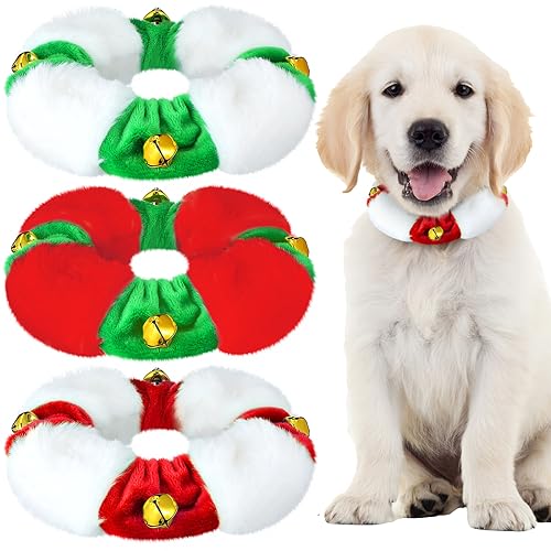 Abbylike 3 Stück Weihnachten Plüsch Jingle Bell Hundehalsband Weiß Rot Grün Dehnbar Festlich Weihnachten Urlaub Halsbekleidung Elastisch Weihnachten Hundehalsband für Katze Hund Welpen Urlaub von Abbylike
