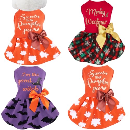 Abbylike 3-teiliges saisonales Hunde-Outfits, Halloween, Thanksgiving, Frohe Haustier-Kostüm, Baumwolle, Urlaub, Welpenkleid, leichte Haustierbekleidung mit Schleife für große und mittelgroße Katzen von Abbylike