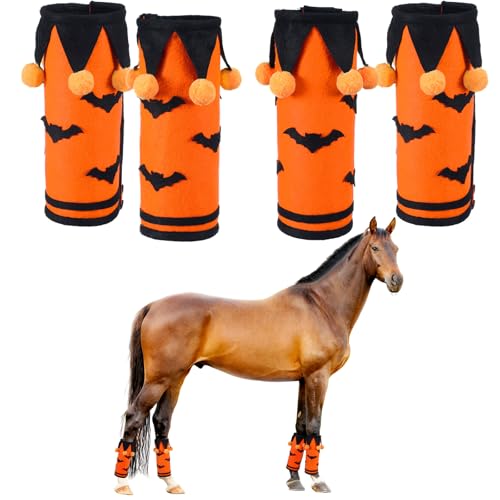 Abbylike 4 Stück Halloween Pferdebeinbandagen, Filz Orange und Schwarz Pferdebeinschoner mit Fledermausmuster und Pompons, verstellbarer Verschluss, bequemer Schutz für Parade und Partys von Abbylike