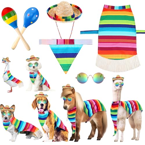 Abbylike 5-teiliges mexikanisches Serape-Hundekostüm-Set beinhaltet Regenbogen-Poncho, Sombrero-Hut, Haustier-Sonnenbrille, Maracas für Cinco de Mayo, Tag der Toten, Halloween, Hundegeschenke von Abbylike