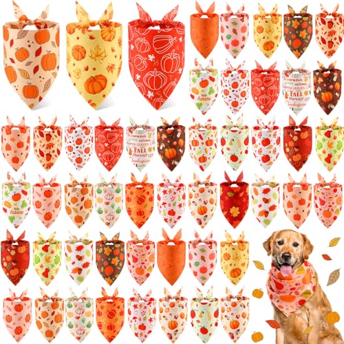 Abbylike 50 Stück Herbst-Hundehalstücher, Kürbishalstücher für Hunde, Dreieckstuch für kleine, mittelgroße und große Haustiere, Herbst-Kostüm-Zubehör, 25 Stile (80 x 55 x 55 cm) von Abbylike