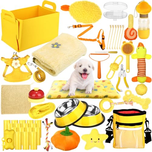 Abbylike 50-teiliges Welpen-Starter-Set für kleine Hunde, enthält Leine, Näpfe, Zahnbürsten, Wasserflasche und mehr Welpenzubehör für Hunde, Willkommensgeschenk (Gelb) von Abbylike