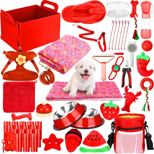 Abbylike 50-teiliges Welpen-Starter-Set für kleine Hunde, enthält Leine, Näpfe, Zahnbürsten, Wasserflasche und mehr Welpenzubehör für Hunde, Willkommensgeschenk (rot) von Abbylike