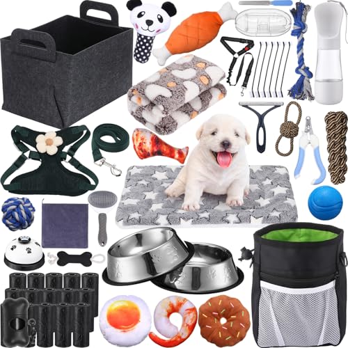 Abbylike 50-teiliges Welpen-Starter-Set für kleine Hunde, enthält Leine, Näpfe, Zahnbürsten, Wasserflasche und mehr Welpenzubehör für Hunde, Willkommensgeschenk (schwarz) von Abbylike