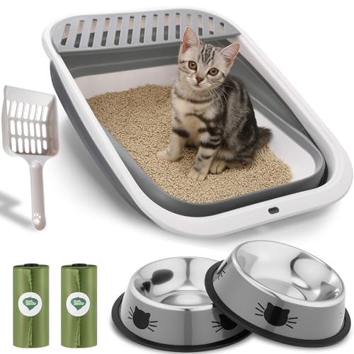 Abbylike 6-teiliges faltbares Katzentoiletten-Starter-Set, 1 große, höhenverstellbare Anti-Spritzer, offene Oberseite, leicht zu reinigen, mit 1 Schaufel, 2 Edelstahl-Katzennapf, 2 Müllbeutel, Grau Abbylike 6-teiliges faltbares Katzentoiletten-Starter-Set, 1 große, höhenverstellbare Anti-Spritzer, offene Oberseite, leicht zu reinigen, mit 1 Schaufel, 2 Edelstahl-Katzennapf, 2 Müllbeutel, Grau von Abbylike
