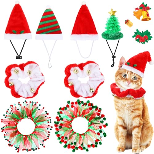 Abbylike 8 Pcs Cat Christmas Costume Suit Tutu Collar and Green Shiny Hat Cat Outfit Santa Cat Hats Christmas Cat Collar with Bell Elf Hat and Bell Collar Kitten Outfit Clothing for Cat Puppy Dog Gift von Abbylike