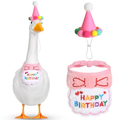 Abbylike Happy Birthday Gans Outfit für Rasen, Veranda, Gans, Outfits mit Partyhut, Bandana, für 58,4 cm / 43,2 cm, Zement-Kunststoff-Entendekoration (Rosa) von Abbylike