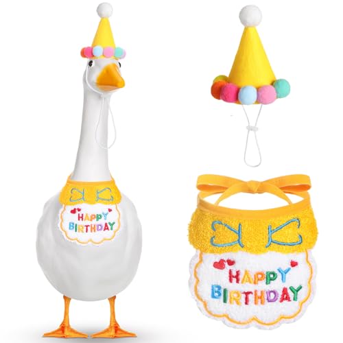 Abbylike Happy Birthday Gans-Outfit für Rasen, Veranda, Gans, Outfits mit Partyhut, Bandana, für 58,4 cm / 43,2 cm, Zement-Kunststoff-Entendekoration (gelb) von Abbylike