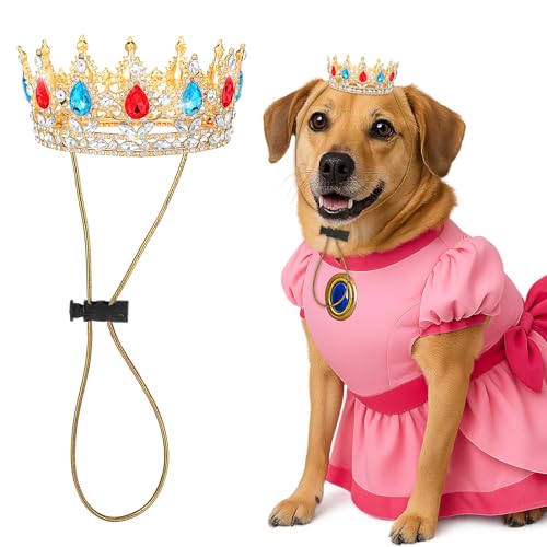 Abbylike Haustier-Prinzessinnenkrone für rosa Halloween-Kostüm mit verstellbarem Riemen, Gold-Glitzer-Strass-Krone, Hut für Hunde und Katzen, Geburtstagsparty, Adoptionsfeier, Foto-Requisite von Abbylike