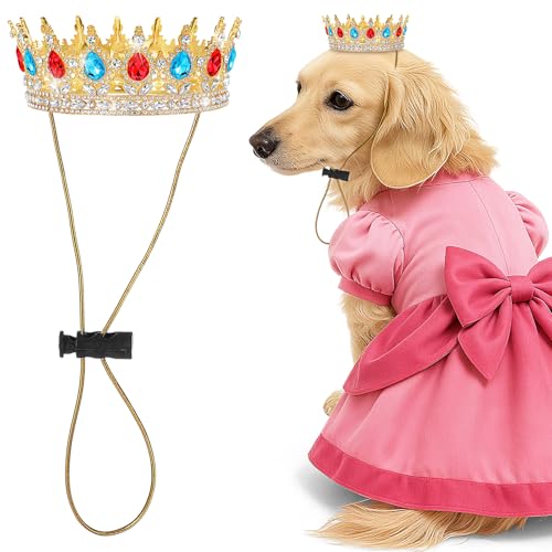 Abbylike Haustier-Prinzessinnenkrone für rosa Halloween-Kostüm mit verstellbarem Riemen, goldener Glitzer-Strass-Krone, Hut für Hunde, Katzen, Geburtstagsparty, Adoptionsfeier, Foto-Requisite von Abbylike