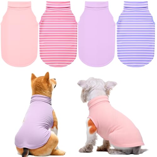 Abbylike Hundepullover, weich, dehnbar, leicht, ärmellos, Rollkragenpullover, Haustier-T-Shirt, einfarbig, gestreift, Winter-Tanktop für Welpen, Katzen, 4er-Pack (Blush Pink und Lila, XXL) von Abbylike