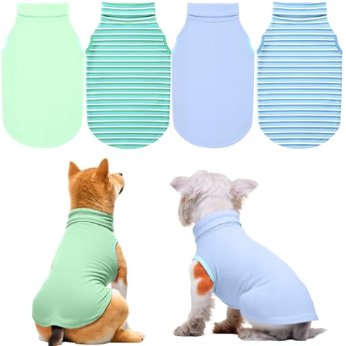 Abbylike Hundepullover, weich, dehnbar, leicht, ärmellos, Rollkragenpullover, Haustier-T-Shirt, solide und gestreift, Winter-Tanktop für Welpen, Katzen, Himmelblau und Grün, Größe XL, 4er-Pack von Abbylike