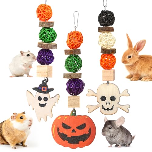 Abizoo Halloween Kaninchen Spielzeug Set, 3 Stück Halloween Hasen Kauspielzeug Kaubälle Holz Nager Zubehör für Meerschweinchen, Chinchilla, Hasen,Hamster,wellensittich,Papagei Zähneknirschen Abizoo Halloween Kaninchen Spielzeug Set, 3 Stück Halloween Hasen Kauspielzeug Kaubälle Holz Nager Zubehör für Meerschweinchen, Chinchilla, Hasen,Hamster,wellensittich,Papagei Zähneknirschen von Abizoo