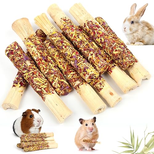 Abizoo Kauspielzeug für Kaninchen, 10 Sticks süße Bambus für Kaninchen mit Blütenblättern, Hasen Kauspielzeug für Meerschweinchen, Chinchilla, Hamster Snack, Holz Spielzeug für Zähne, Leckerli Zubehör von Abizoo