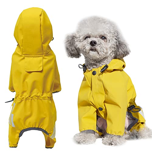 AblePet Hunde-Regenmantel mit Kapuze und reflektierendem Riemen/Leinenloch, winddichte Jacke für kleine, mittelgroße Hunde (Größe L, Gelb) von AblePet
