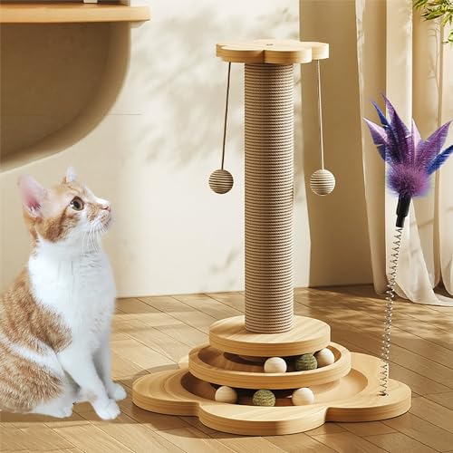 Accmuzzy 4 in 1 Katzenspielzeug hölzernes, Katze Sisal Seil Kratzbaum mit hängenden Ball, Interaktives Katzenkratzbaum für Katzen mit Katzenminze Bälle(29 * 46cm) von Accmuzzy