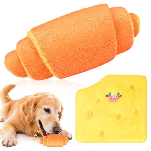 Acehome 2-teiliges Hunde-Anreicherungsspielzeug-Set, quietschendes Kauspielzeug, weiches Croissant-geformtes Käse-Leckerli-Versteck-Puzzle-Spielzeug, interaktives Plüsch-Hundespielzeug für kleine und von Acehome