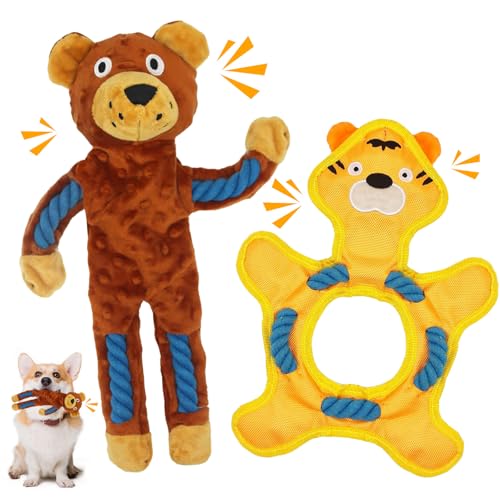 Acehome Hundespielzeug aus Seil für Hunde, quietschendes Spielspielzeug, Kauspielzeug für Hunde mit Knisterpapierseil für mittelgroße Hunde, Geschenke (Braun und Gelb) von Acehome