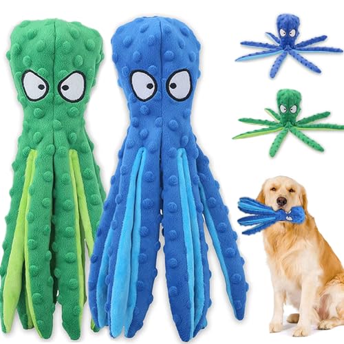 Acehome Quietschendes Hundespielzeug, interaktives Hundespielzeug, keine Füllung, Oktopus, Kauspielzeug mit Knisterpapier für mittelgroße und große Hunde (Grün + Blau), 2 Stück von Acehome