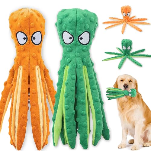Acehome Quietschendes Hundespielzeug, interaktives Hundespielzeug, keine Füllung, Oktopus, Kauspielzeug mit Knisterpapier für mittelgroße und große Hunde (Grün + Orange), 2 Stück von Acehome