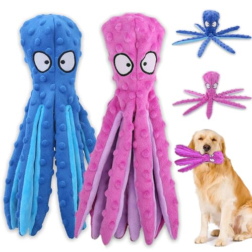 Acehome Quietschendes Hundespielzeug, interaktives Hundespielzeug, keine Füllung, Oktopus, Kauspielzeug mit Knisterpapier für mittelgroße und große Hunde (lila + blau), 2 Stück von Acehome