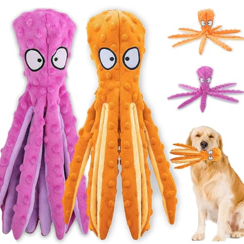 Acehome Quietschendes Hundespielzeug, interaktives Hundespielzeug, keine Füllung, Oktopus, Kauspielzeug mit Knisterpapier für mittelgroße und große Hunde (lila + orange), 2 Stück von Acehome