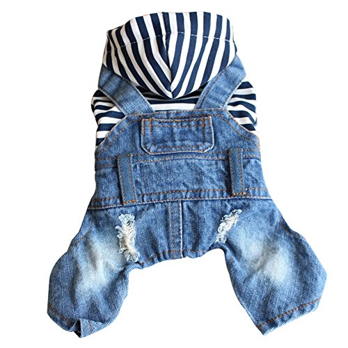 AchidistviQ Haustier-Kleidung für Hunde und Katzen, Blau gestreifte Jeans, Jumpsuit-Outfits, Jacke mit Kapuze, Mäntel für kleine und mittelgroße Hunde, Größe S von AchidistviQ