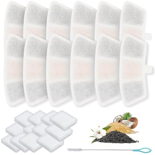 Acmerota Katzenbrunnen Filter Für PW04 Kompatibel mit oneisall PW04 3.5L Drahtlose Edelstahl-Katzenbrunnen 12+12 STK zum Trinken mit 12 Stück Schaumfilter, Reinigungsbürste von Acmerota