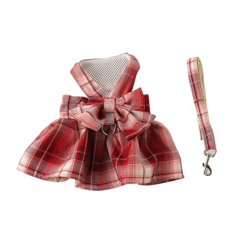 Acouto Stylish Cute Bowknot Plaid Hundekabel Kleid mit Leine, Atmungsaktives Komfortables Haustierkleid für Tägliche Kleidung, Hochzeitsfeier (XS) von Acouto