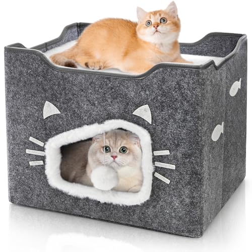 Acshio Katzenbetten für Indoor-Katzen, großes überdachtes Katzenhaus mit Kissen-Pad, flauschiger Ball, hängend, faltbares Katzenhöhlenbett, niedliches Katzenhütte, Katzenversteck für Haustierkatze, von Acshio