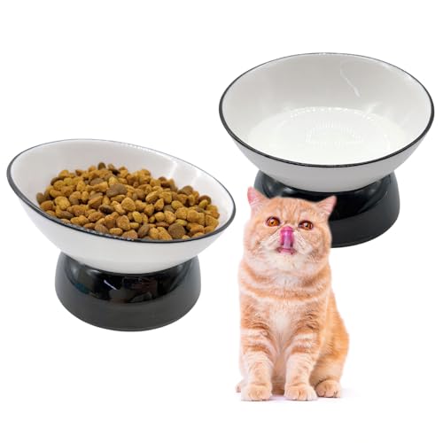 Acsist 2 x Keramiknapf für Katzen, erhöht, geneigt, Wasser- und Futternapf für Katzen, kleine Hunde, Kätzchen, schützt die Wirbelsäule der Haustiere, schwarz von Acsist