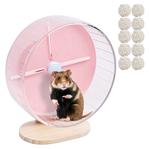 Acsist Leises Hamster-Trainingsrad, 25,9 cm, mehrere Farben erhältlich, leises Laufrad mit höhenverstellbarem Holzständer für Rennmäuse, Zwerghamster, Mäuse (Rosa) von Acsist