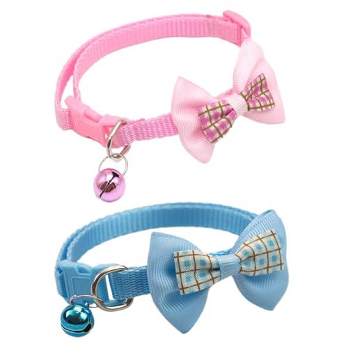 Aczyqws 2 Stück sicheres und schnell lösbares Katzenhalsband, weiches Kätzchenhalsband mit abnehmbarer Schleife und Glocke, verstellbar 19-32 cm, (Himmelblau, Rosa) von Aczyqws