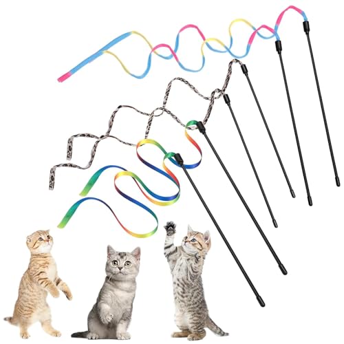 Aczyqws Katzenstab-Spielzeug-Set, 30 cm, interaktiver Stab mit 60 cm Regenbogenband, Stoffschnur für Haustier, Kätzchen, Training, Kätzchenfänger (6 Stück) von Aczyqws