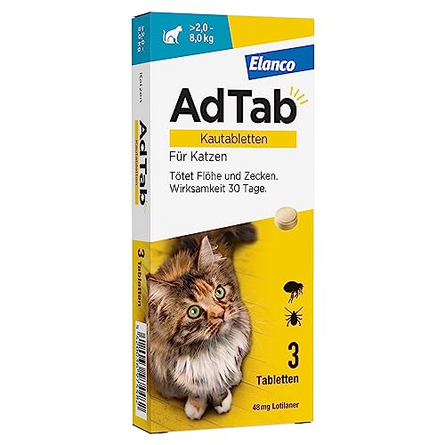 AdTab Floh- und Zeckenschutz für Katzen von über 2 bis 8 kg, Kautablette gegen Zecken und Flöhe, Schutz und Behandlung für 1 Monat, einfach zu verabreichen (3 St. pro Packung) von AdTab