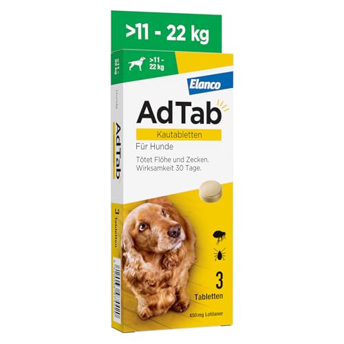 AdTab Hunde Zecken- und Flohschutz (über 11 bis 22 kg), Kautablette tötet Zecken und Flöhe schnell ab und schützt einen Monat lang, leicht zu verabreichen (3 St. pro Packung) von AdTab