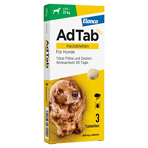 AdTab Hunde Zecken- und Flohschutz (über 11 bis 22 kg), Kautablette tötet Zecken und Flöhe schnell ab und schützt einen Monat lang, leicht zu verabreichen (3 St. pro Packung) von AdTab