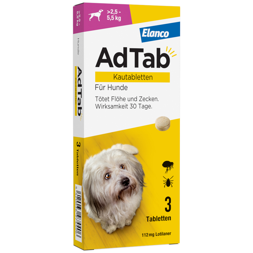 AdTab Kautabletten für kleine Hunde, von 2,5 bis 5,5 kg - 3 Tabletten AdTab Kautabletten für kleine Hunde, von 2,5 bis 5,5 kg - 3 Tabletten von AdTab