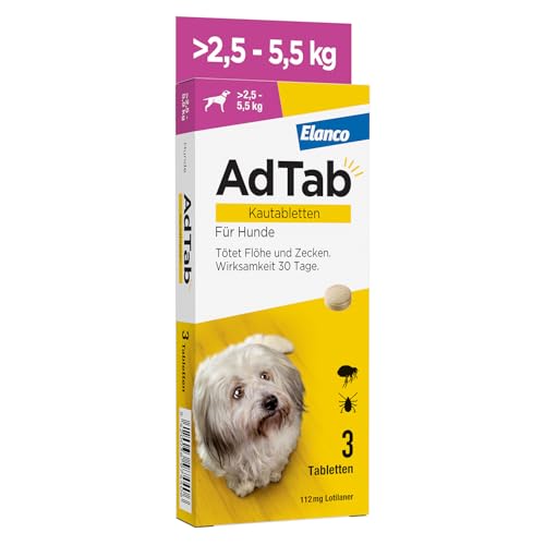 AdTab Hunde Zecken- und Flohschutz (über 2,5 bis 5,5 kg), Kautablette tötet Zecken und Flöhe schnell ab und schützt einen Monat lang, leicht zu verabreichen (3 St. pro Packung) von AdTab