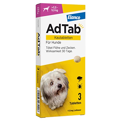 AdTab Hunde Zecken- und Flohschutz (über 2,5 bis 5,5 kg), Kautablette tötet Zecken und Flöhe schnell ab und schützt einen Monat lang, leicht zu verabreichen (3 St. pro Packung) von AdTab