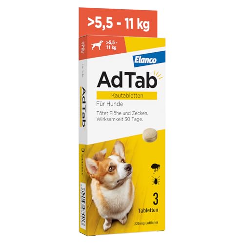AdTab Hunde Zecken- und Flohschutz (über 5,5 bis 11 kg), Kautablette tötet Zecken und Flöhe schnell ab und schützt einen Monat lang, leicht zu verabreichen (3 St. pro Packung) AdTab Hunde Zecken- und Flohschutz (über 5,5 bis 11 kg), Kautablette tötet Zecken und Flöhe schnell ab und schützt einen Monat lang, leicht zu verabreichen (3 St. pro Packung) von AdTab