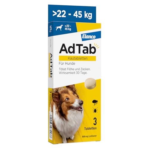 AdTab Hunde Zecken- und Flohschutz (über 22 bis 45 kg), Kautablette tötet Zecken und Flöhe schnell ab und schützt einen Monat lang, leicht zu verabreichen (3 St. pro Packung) von AdTab