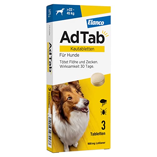 AdTab Hunde Zecken- und Flohschutz (über 22 bis 45 kg), Kautablette tötet Zecken und Flöhe schnell ab und schützt einen Monat lang, leicht zu verabreichen (3 St. pro Packung) von AdTab