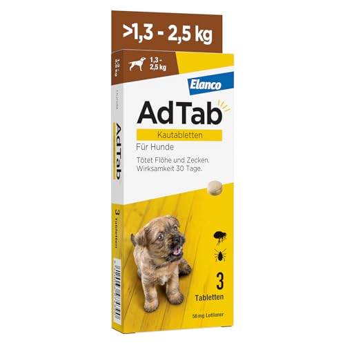 AdTab Hunde Zecken- und Flohschutz (> 1,3 bis 2,5 kg), Kautablette tötet Zecken und Flöhe schnell ab und schützt einen Monat lang, leicht zu verabreichen (3 St. pro Packung) von AdTab