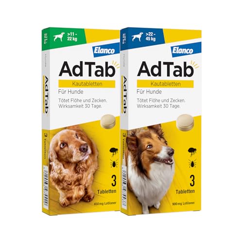 AdTab Kombi-Set: Zecken- & Flohschutz für 2 Hunde in verschiedenen Größen (>11-22 kg & >22-45 kg), 2 Packungen mit je 3 Kautabletten, einfach zu verabreichen & schmackhaft von AdTab