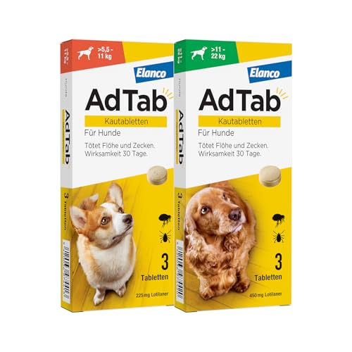 AdTab Kombi-Set: Zecken- & Flohschutz für 2 Hunde in verschiedenen Größen (>5,5-11 kg & >11-22 kg), 2 Packungen mit je 3 Kautabletten, einfach zu verabreichen & schmackhaft von AdTab
