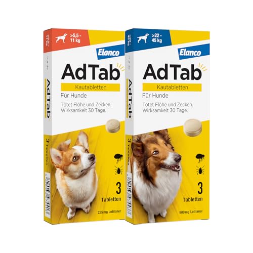 AdTab Kombi-Set: Zecken- & Flohschutz für 2 Hunde in verschiedenen Größen (>5,5-11 kg & >22-45 kg), 2 Packungen mit je 3 Kautabletten, einfach zu verabreichen & schmackhaft von AdTab