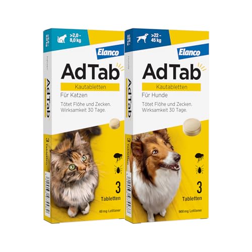 AdTab Kombi-Set: Zecken- & Flohschutz für eine Katze mit >2-8 kg und einen Hund mit >22-45, 2 Packungen mit je 3 Kautabletten, einfach zu verabreichen & schmackhaft von AdTab