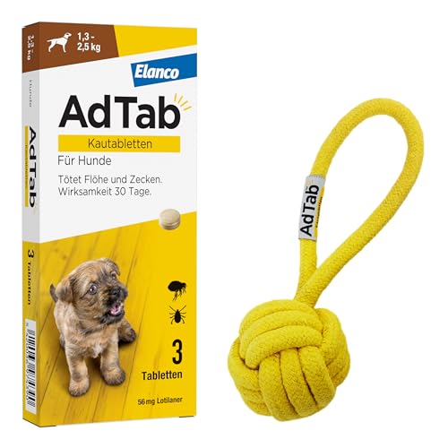 AdTab Promo-Set: Hunde Zecken- und Flohschutz (über 1,3 bis 2,5 kg) mit Wurfball, Kautablette tötet Zecken und Flöhe schnell ab und schützt einen Monat lang, 3 Kautabletten von AdTab