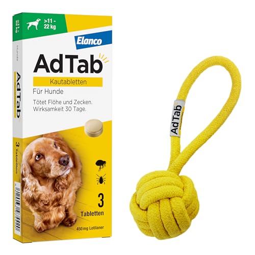 AdTab Promo-Set: Hunde Zecken- und Flohschutz (über 11 bis 22 kg) mit Wurfball, Kautablette tötet Zecken und Flöhe schnell ab und schützt einen Monat lang, 3 Kautabletten von AdTab